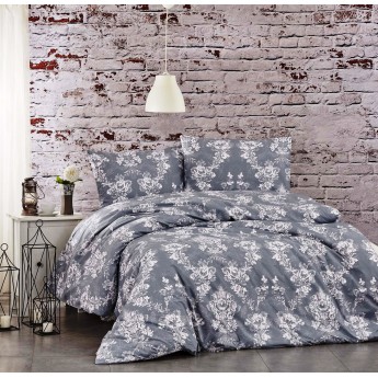 Set lenjerie de pat, cearceaf cu elastic, bumbac 100%, Floral bleumarin